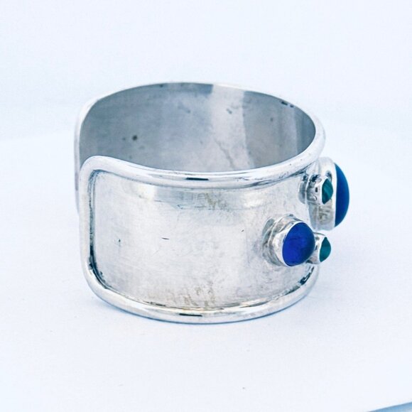 Vintage Estate Sterling Silver 925 Wide Cuff Bracelet w/ Lapis & Malachite 41g - Picture 3 of 13